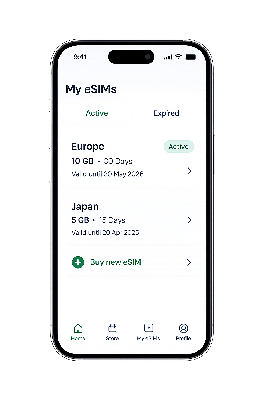 Vynk Network mobile app showing eSIM plans